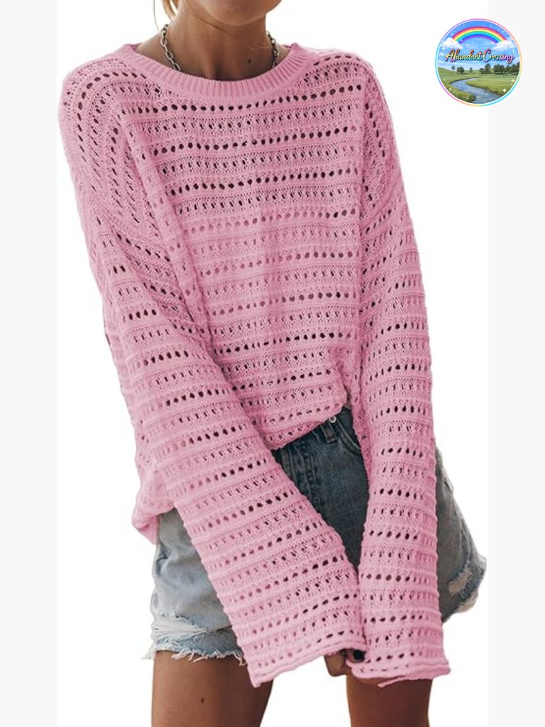 Lightweight Crochet Long Sleeve Hollow Out Knit Pullover Sweater